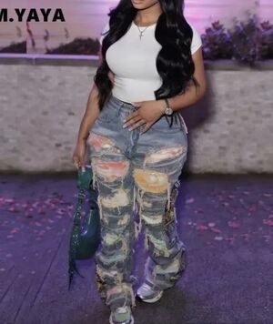 Patch Ripped Jeans Fluffy Flip Flops, Ragged Street Style, S. No Stretch.